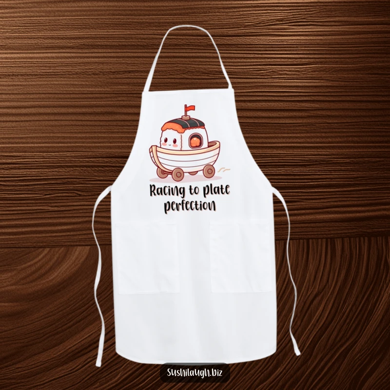 Funny Sushi Boat Apron showing a happy boat with tiny wheels racing, a humorous and functional kitchen accessory.