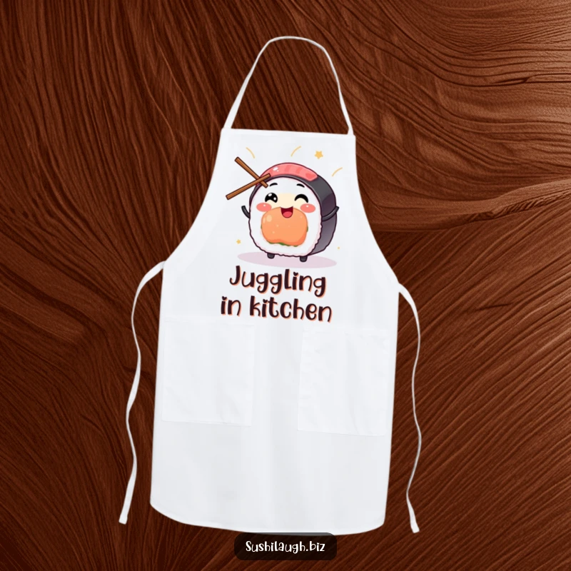 Funny Sushi Apron with a happy sushi character expertly juggling tiny chopsticks with infectious glee, designed for joyful cooking.