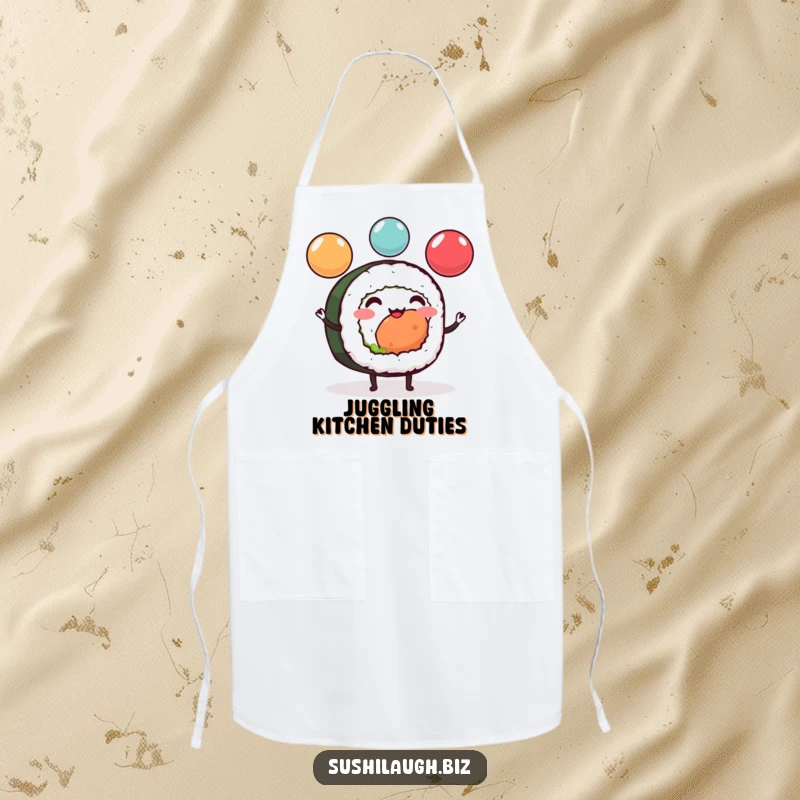Funny Sushi Roll Apron showing a cheerful sushi with tiny legs juggling colorful ikura spheres, a humorous and practical kitchen accessory.