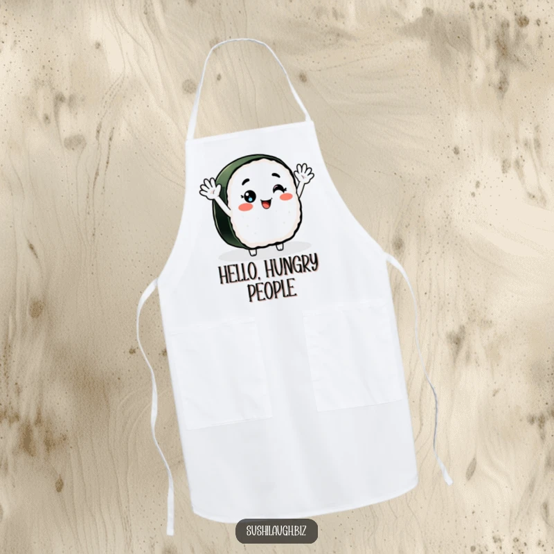Funny Nigiri Sushi Apron showing a smiling sushi character with arms waving enthusiastically, a humorous and functional kitchen companion.