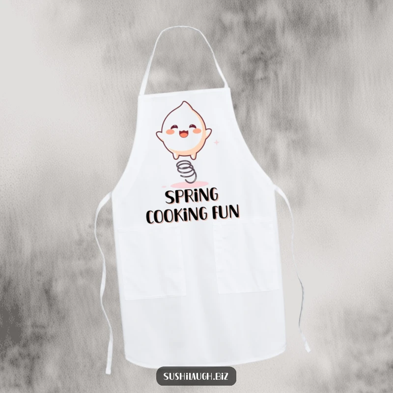 Funny Mochi Apron with a playful mochi character joyfully bouncing on a small spring, designed for joyful cooking.