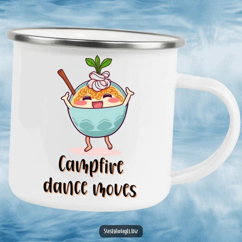 Funny Ramen Camping Mug depicting a happy ramen bowl character doing a silly dance move, perfect for outdoor cheer.