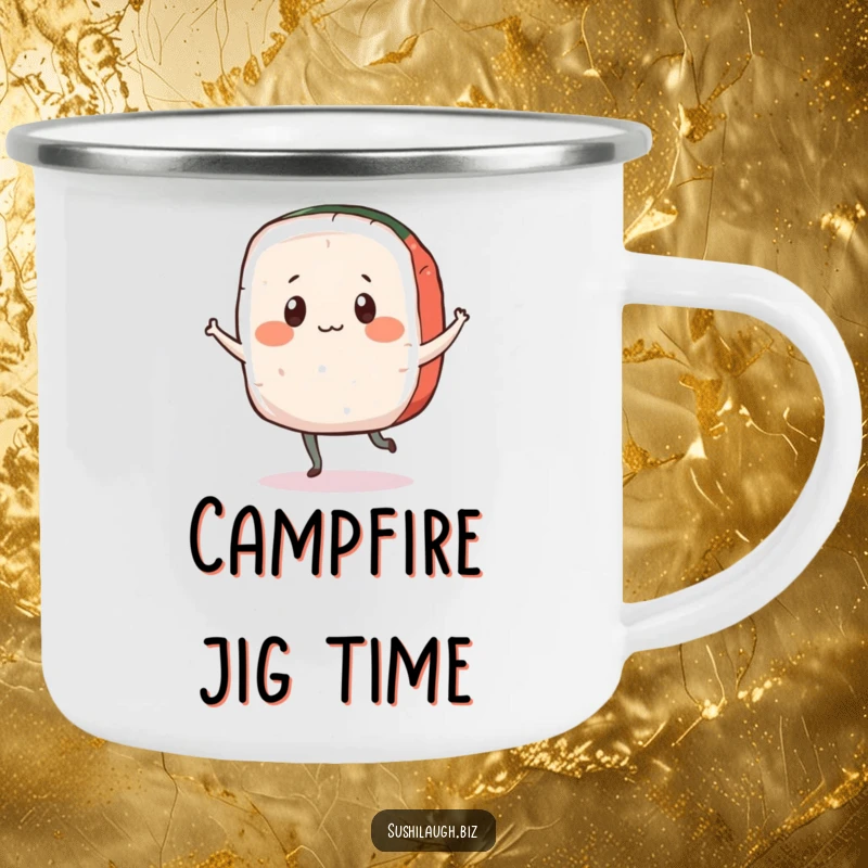 Funny Sashimi Camping Mug showing a playful fish slice doing a happy jig, ready for outdoor enjoyment and good times.