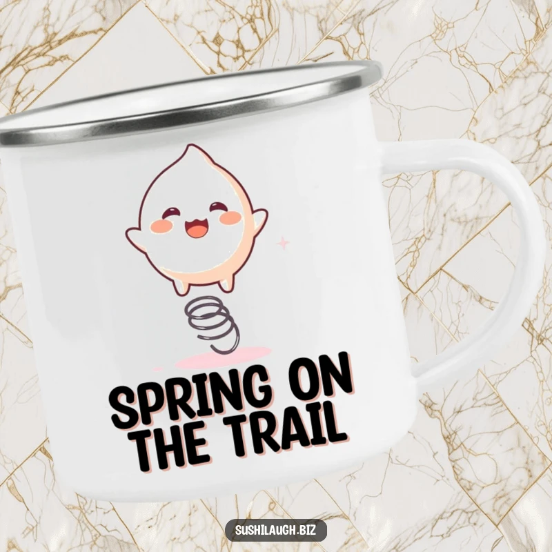 Funny Mochi Camping Mug depicting a playful mochi character energetically bouncing on a tiny spring, perfect for outdoor cheer.