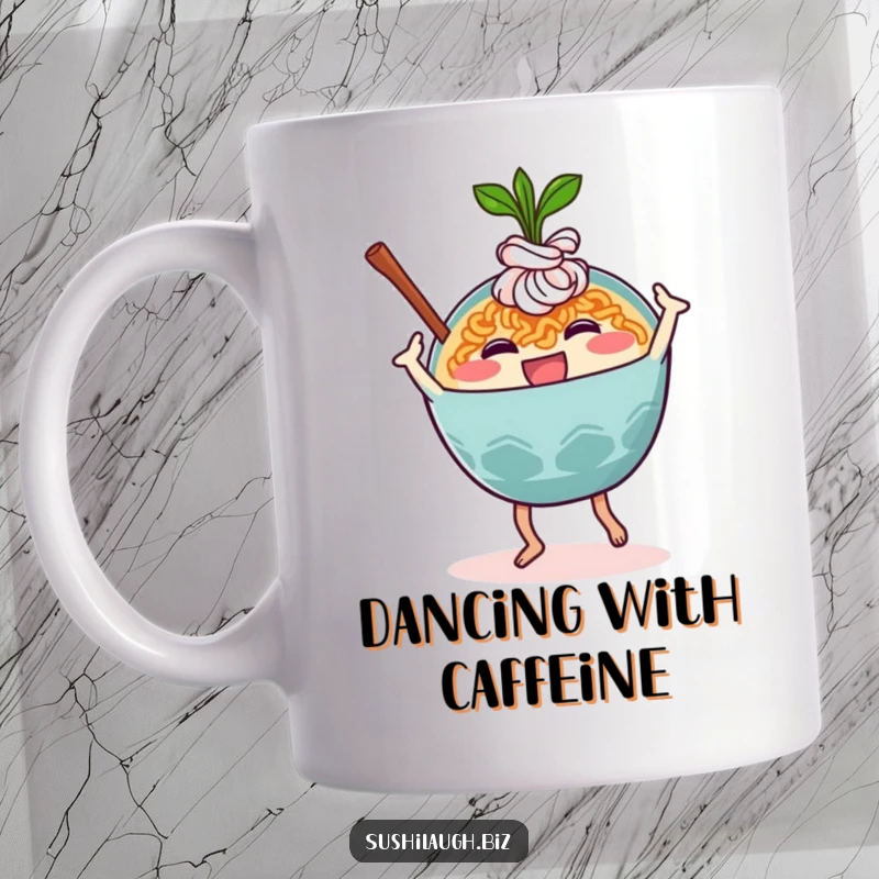 Funny Ramen Mug featuring a happy ramen bowl character performing a silly, energetic dance move, radiating pure joy.