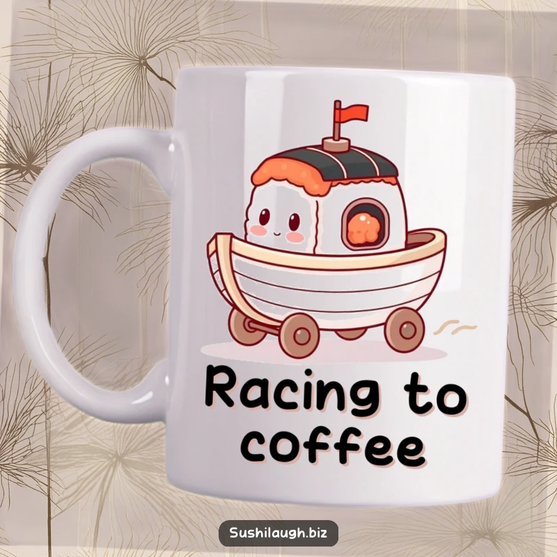 Funny Sushi Boat Mug featuring a happy boat with tiny wheels racing across a surface, conveying speed and cheerful movement.