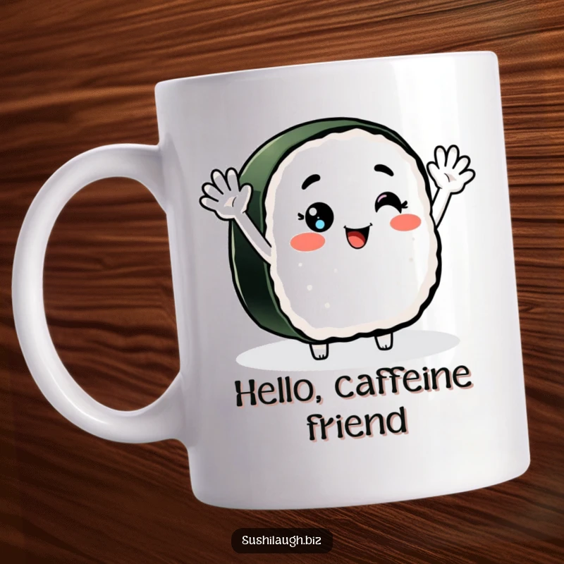Funny Nigiri Sushi Mug featuring a smiling character with arms waving enthusiastically, conveying happy greetings and a friendly vibe.