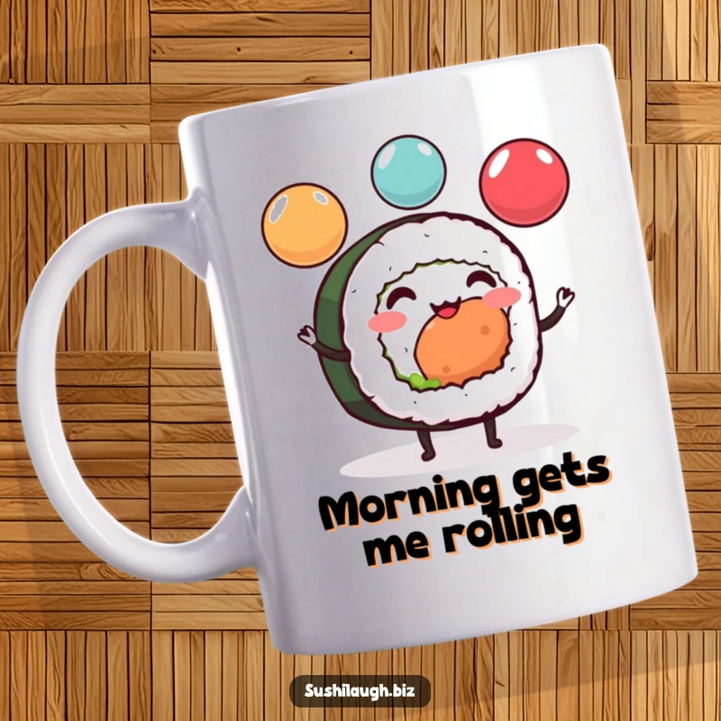 Funny Sushi Roll Mug featuring a cheerful character with tiny legs skillfully juggling three colorful ikura spheres, a delightful and humorous design.