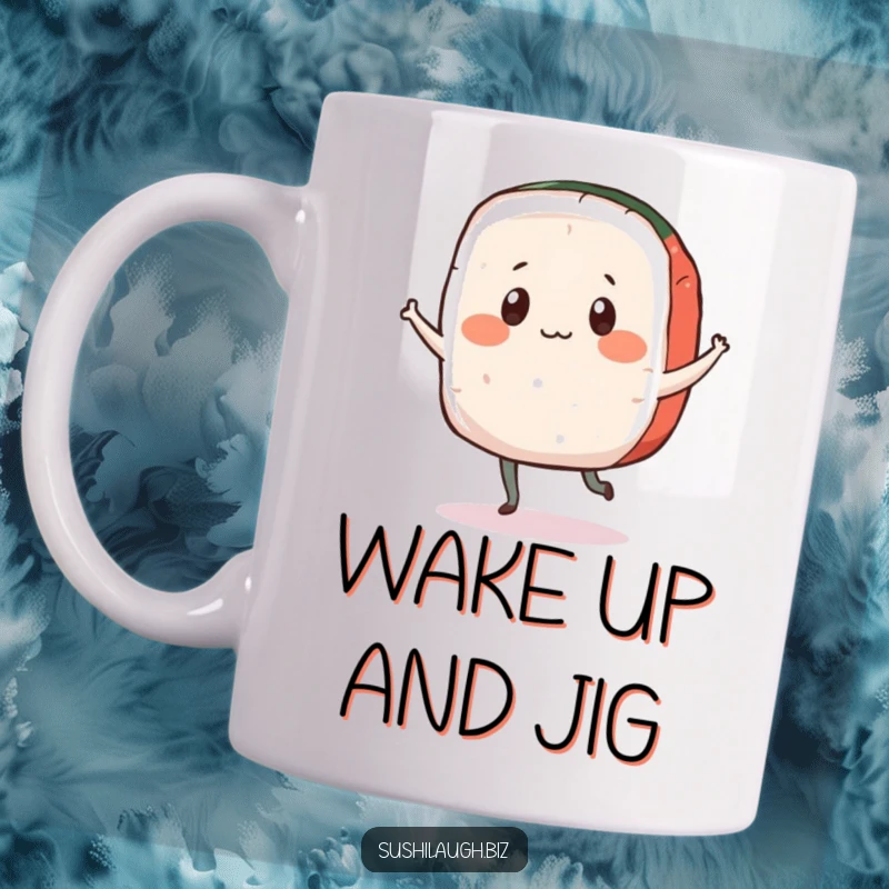 Funny Sashimi Mug depicting a playful fish slice with simple eyes doing a jolly little jig, full of happy movement.