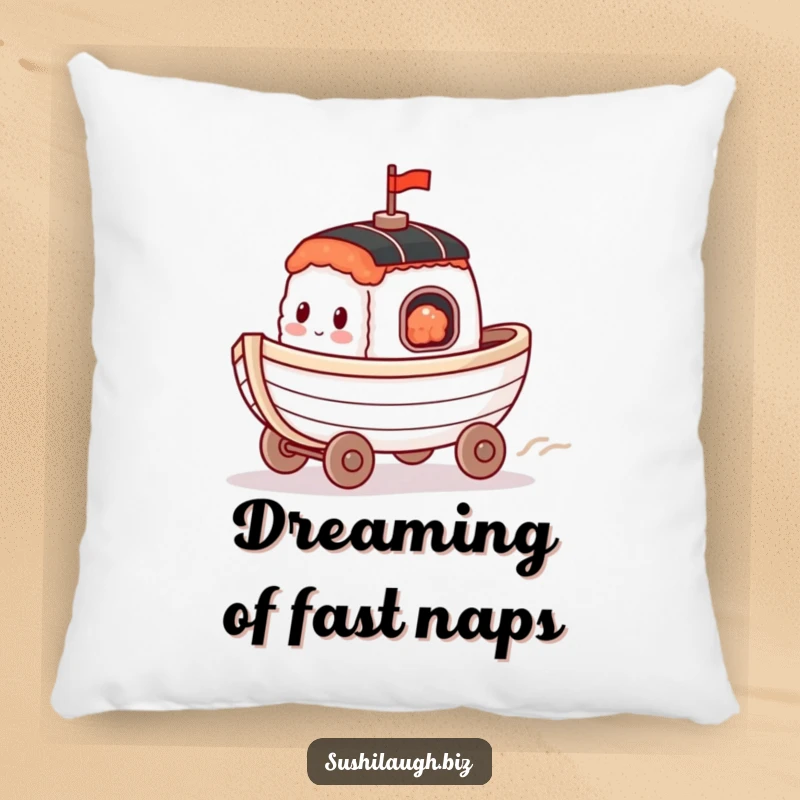 Funny Sushi Boat Pillow with a happy boat on wheels racing along, offering soft comfort and humorous appeal.