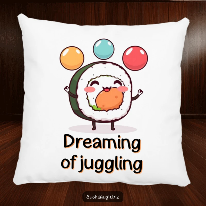 Funny Sushi Roll Pillow with a cheerful sushi character sporting tiny legs, juggling colorful ikura spheres, soft and delightfully amusing.