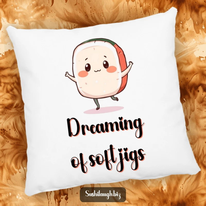 Funny Sashimi Pillow with a playful fish character doing a happy jig, offering soft comfort and humorous appeal.