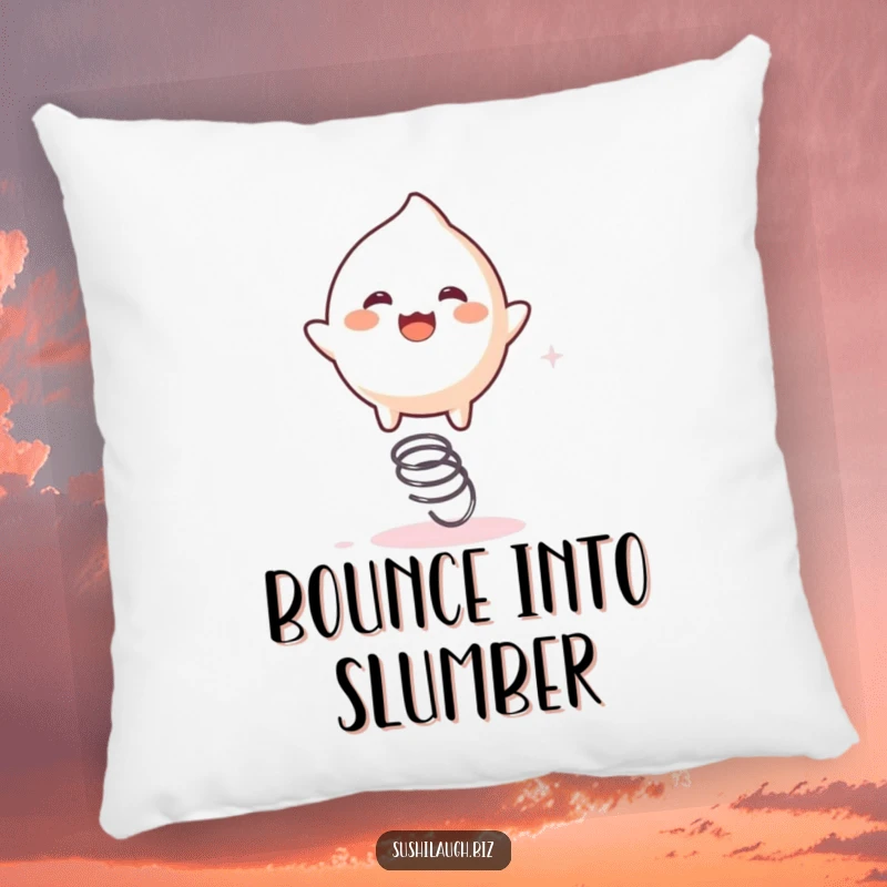 Funny Mochi Pillow showing a playful mochi character joyfully bouncing on a tiny spring, ideal for comfort and playful humor.