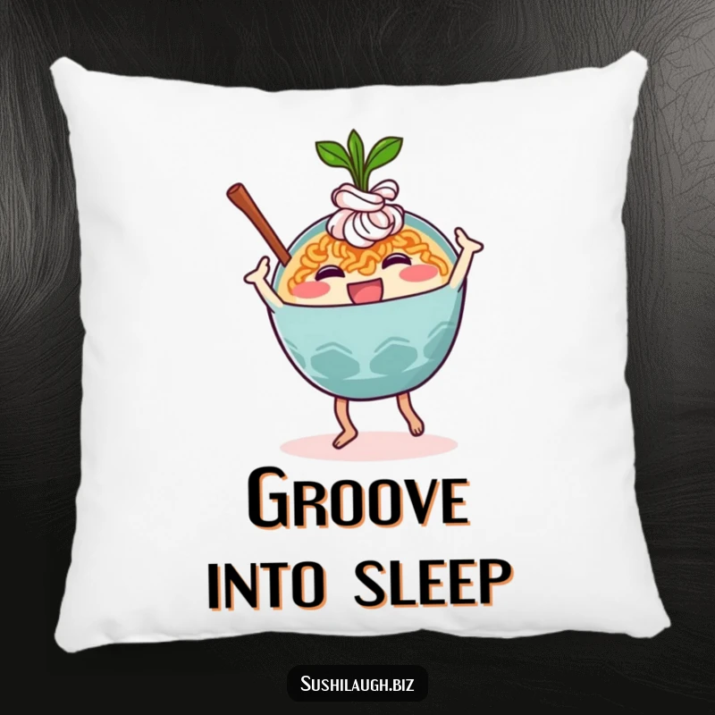 Funny Ramen Pillow showing a happy ramen bowl character joyfully performing a silly dance move, ideal for comfort and food humor.