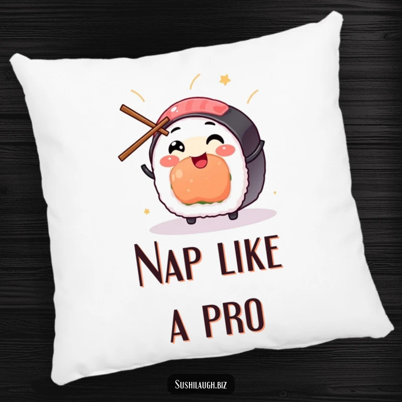 Funny Sushi Pillow showing a smiling sushi character joyfully juggling small chopsticks, ideal for comfort and culinary humor.