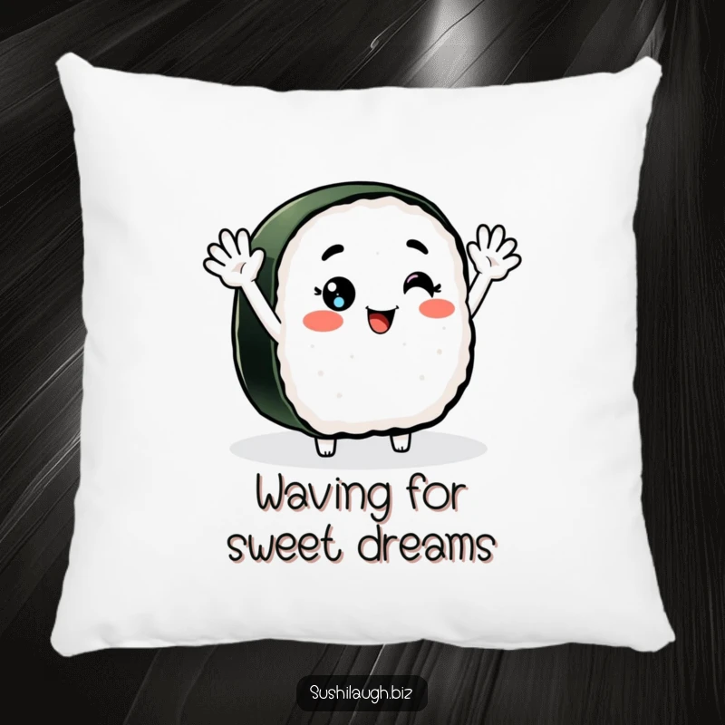 Funny Nigiri Sushi Pillow with a smiling sushi character enthusiastically waving, providing soft comfort and humorous appeal.