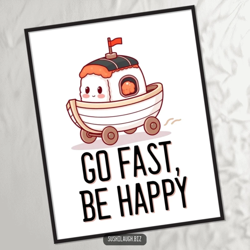 Funny Sushi Boat Digital Art Print of a happy boat with tiny wheels racing across a surface, full of cheerful speed.