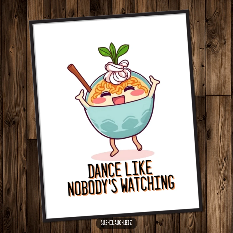 Funny Ramen Digital Art Print of a happy ramen bowl character performing a silly dance move, creating a humorous visual.