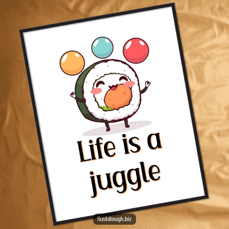 Funny Sushi Roll Digital Art Print of a cheerful sushi with tiny legs expertly juggling three colorful ikura spheres, full of dynamic humor.