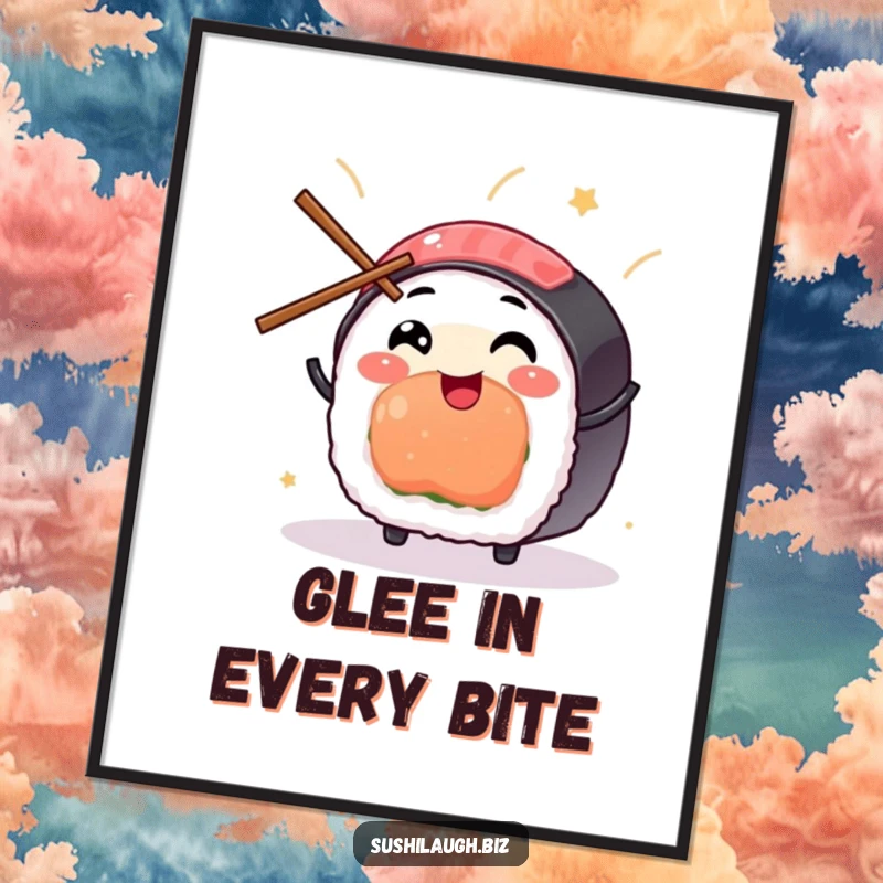Funny Sushi Digital Art Print of a smiling sushi character skillfully juggling tiny chopsticks with glee, creating a humorous visual.