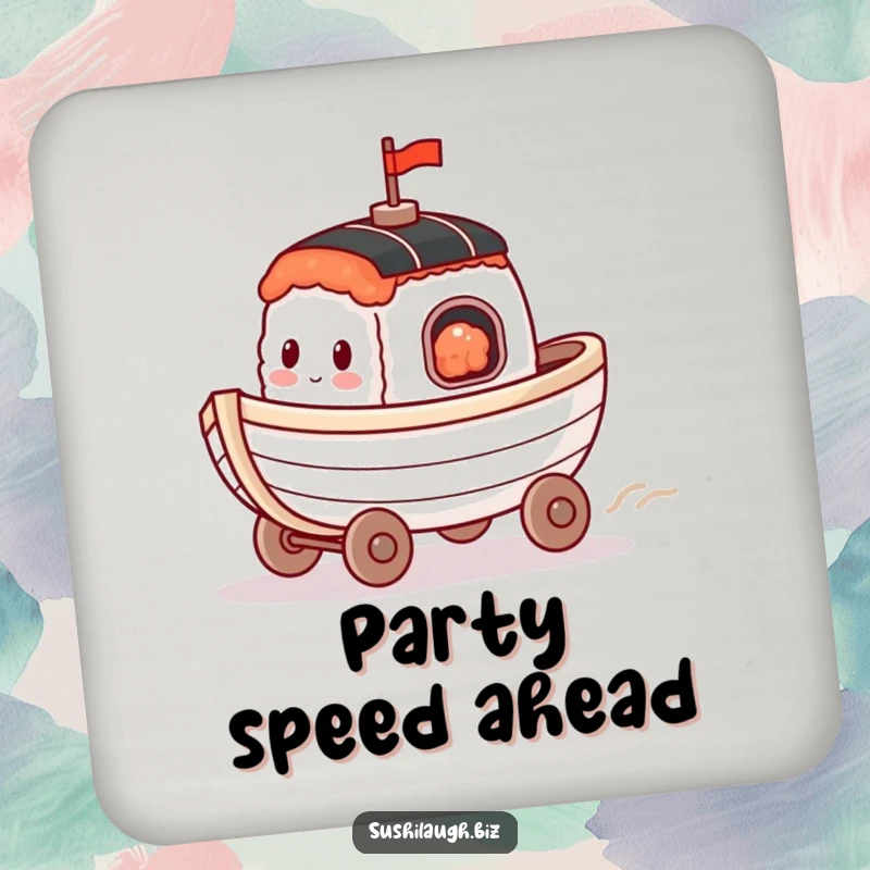 Funny Sushi Boat Coaster featuring a happy boat with tiny wheels racing, a cute and functional accessory for your drinks.