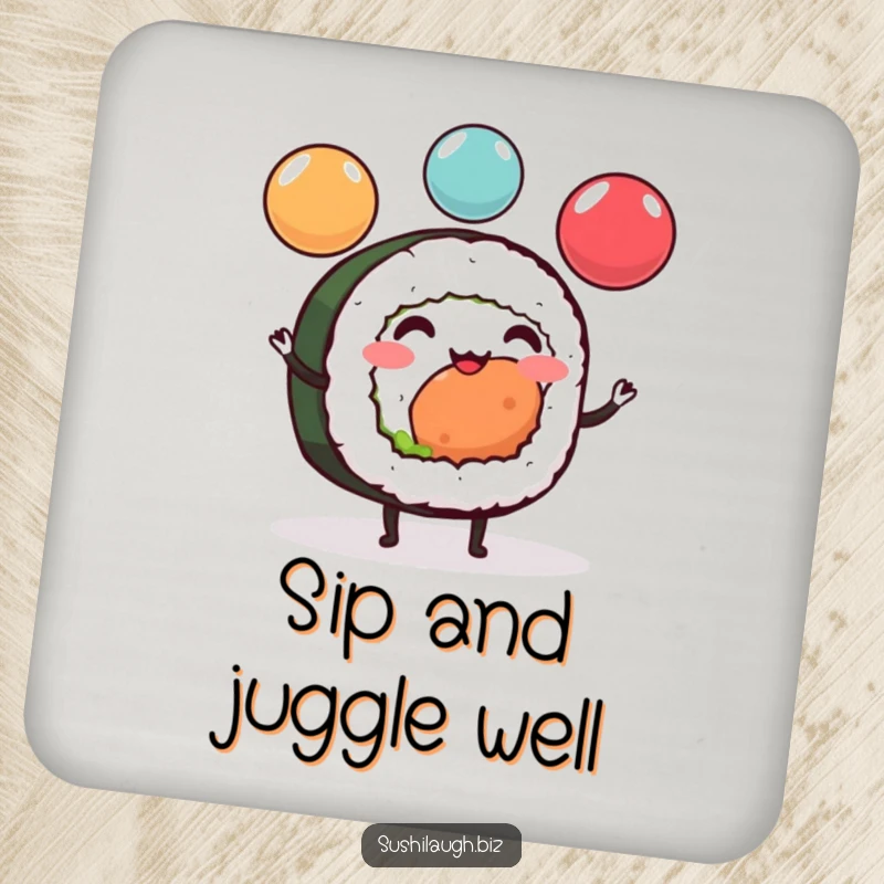 Funny Sushi Roll Coaster featuring a cheerful sushi character with tiny legs juggling bright ikura spheres, a cute and functional accessory.
