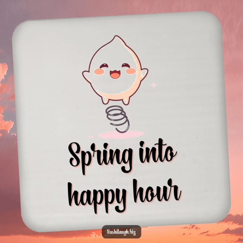 Funny Mochi Coaster showing a playful mochi character joyfully bouncing on a tiny spring, providing surface protection with humor.