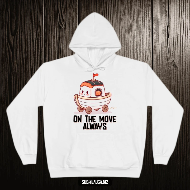 Funny Sushi Boat Hoodie with a happy boat on wheels racing along, combining cozy comfort with humorous adventure.