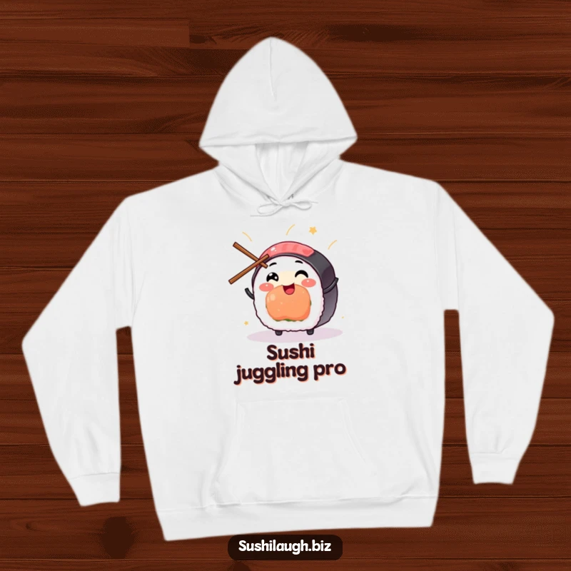 Funny Sushi Hoodie featuring a happy sushi character engaged in a gleeful chopstick juggling act, perfect for cozy humor.