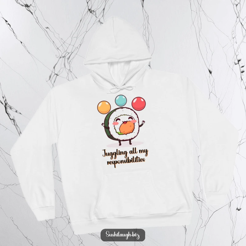 Funny Sushi Roll Hoodie depicting a cheerful sushi with tiny legs juggling colorful ikura spheres, combining warmth and humor.