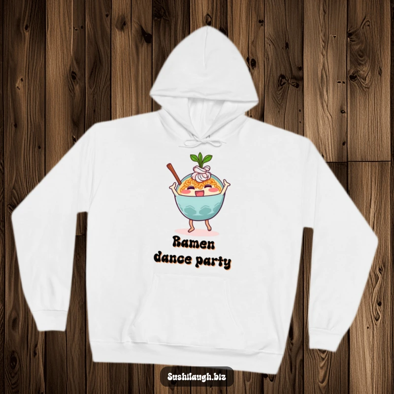 Funny Ramen Hoodie featuring a happy ramen bowl character in mid-dance move, perfect for cozy humor and warmth.