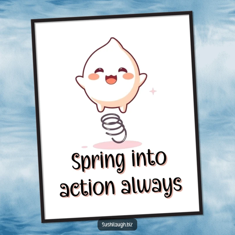 Funny Free Printable Mochi Wall Art: A playful mochi character depicted mid-bounce on a tiny spring, radiating pure excitement.