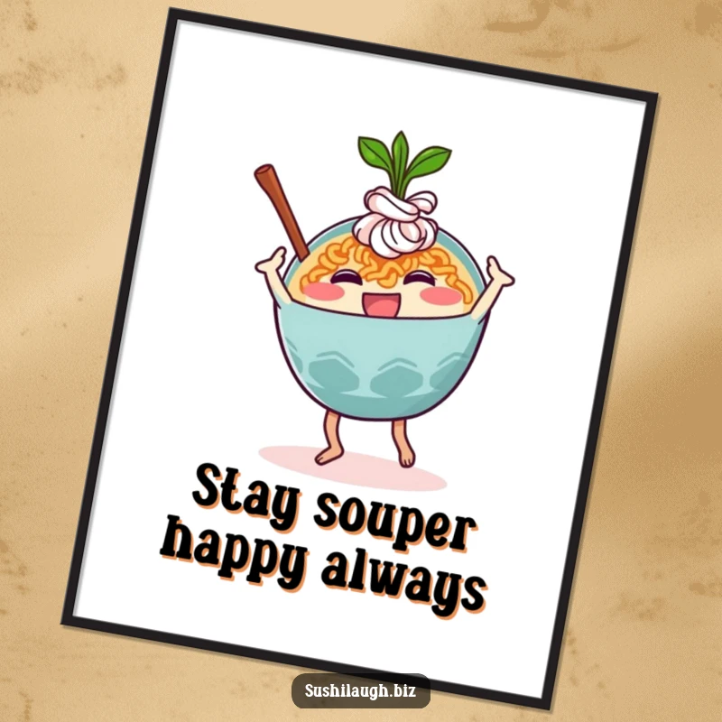 Funny Free Printable Ramen Wall Art: A happy ramen bowl character in the middle of a hilarious and silly dance move.