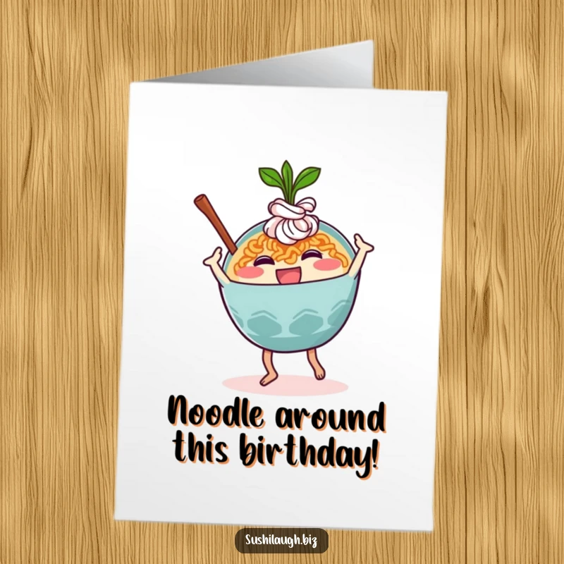 Funny Free Printable Ramen Birthday Card: A happy ramen bowl character doing a hilarious, energetic dance move, celebrating.