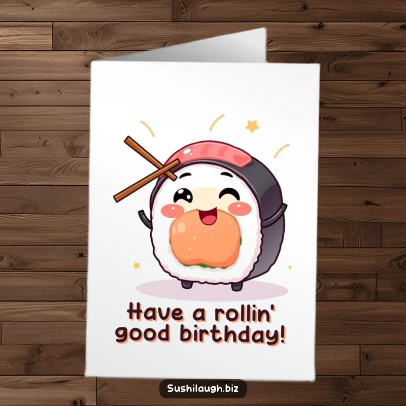 Funny Free Printable Sushi Birthday Card: A smiling sushi piece expertly juggling small chopsticks with immense glee and excitement.
