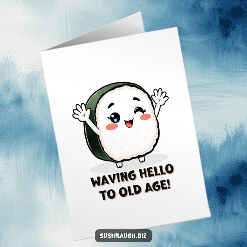 Funny Free Printable Birthday Card: Smiling nigiri sushi character with arms enthusiastically waving hello for a birthday surprise.