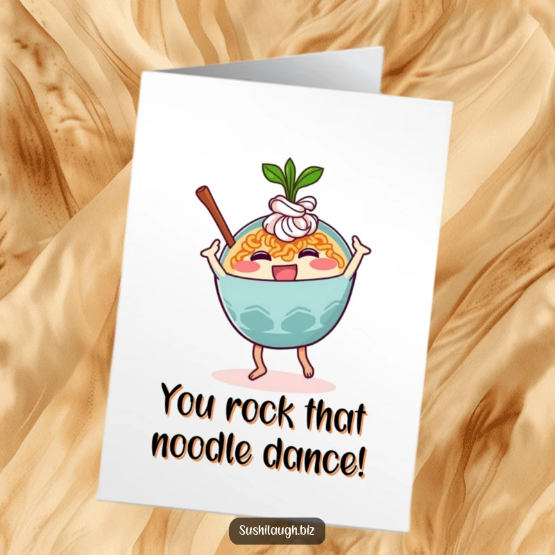Funny Free Printable Ramen Congratulations Card: A cheerful ramen bowl character busting out a silly dance move to celebrate achievements.