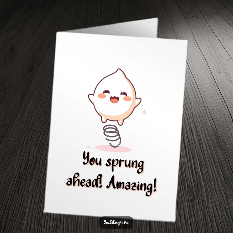 Funny Free Printable Mochi Congratulations Card: A cheerful mochi character joyfully bouncing on a small spring, celebrating success.