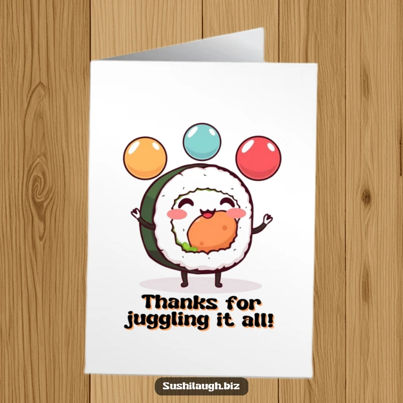 Funny Free Printable Thank You Card: A cheerful sushi roll with legs excitedly juggling ikura spheres to say thank you.
