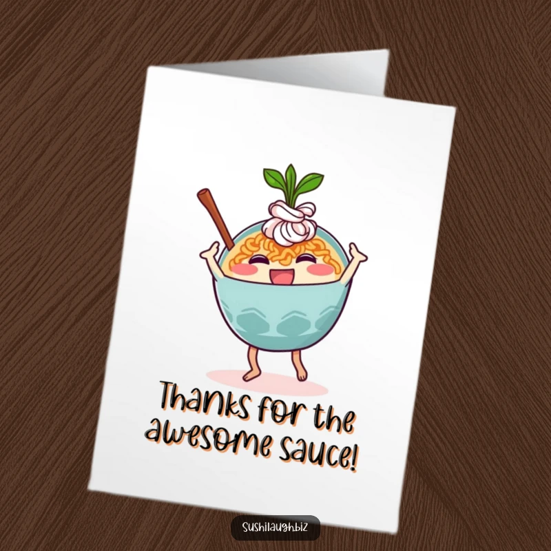 Funny Free Printable Ramen Thank You Card: A happy ramen bowl character performing a silly, joyful dance move to express thanks.