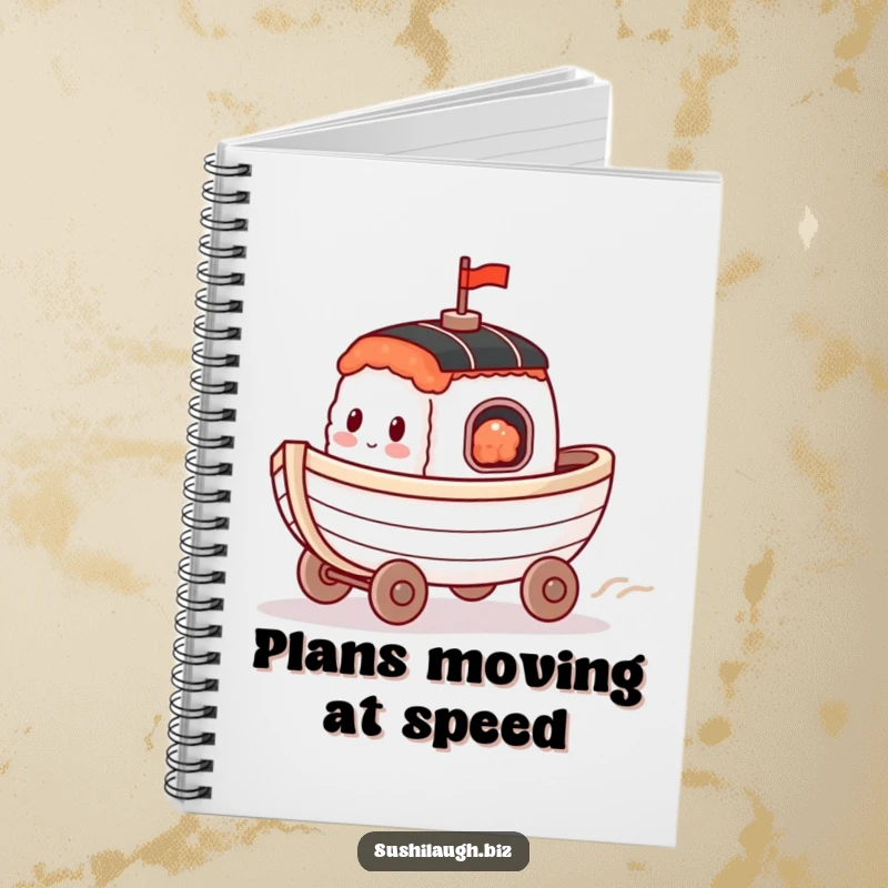 Funny Sushi Boat Notebook with a happy boat on wheels racing across a surface, designed for jotting down fast and fun ideas.