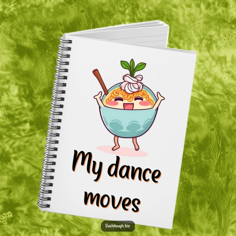 Funny Ramen Notebook featuring a happy ramen bowl character joyfully performing a silly dance move, ideal for culinary journaling.