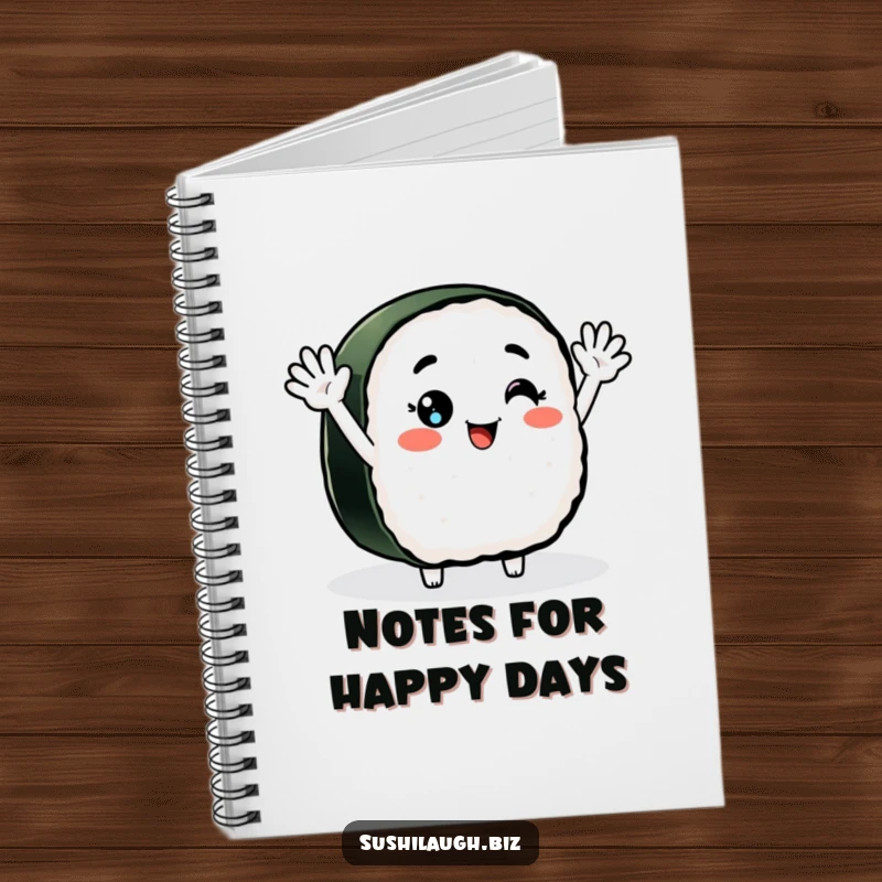Funny Nigiri Sushi Notebook with a smiling sushi character enthusiastically waving, perfect for jotting down cheerful notes and ideas.