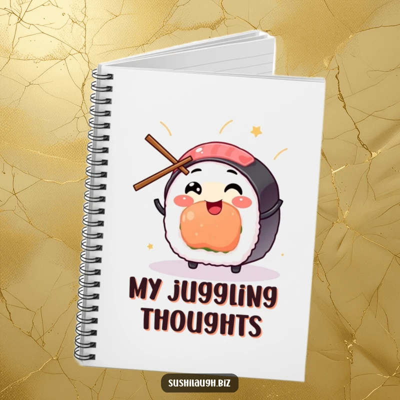 Funny Sushi Notebook featuring a smiling sushi character joyfully juggling small chopsticks, ideal for journaling culinary fun.