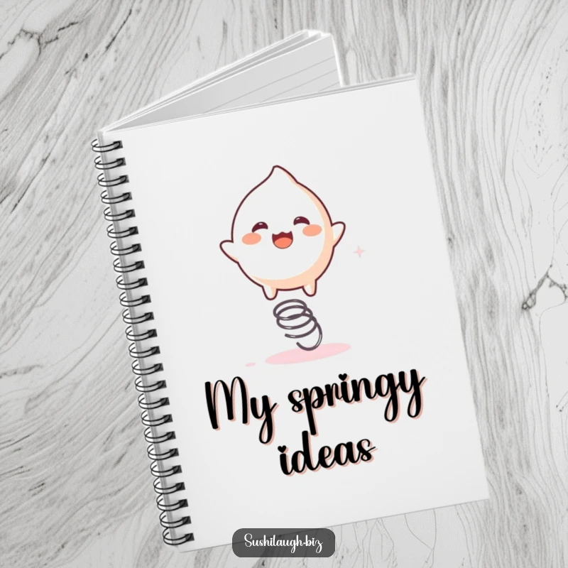 Funny Mochi Notebook featuring a playful mochi character joyfully bouncing on a tiny spring, ideal for journaling fun.