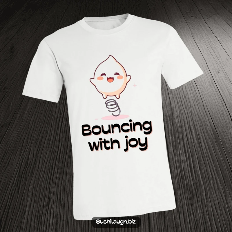 Funny Mochi T-Shirt depicting a playful mochi character joyfully bouncing on a small spring with infectious excitement, perfect for fun lovers.