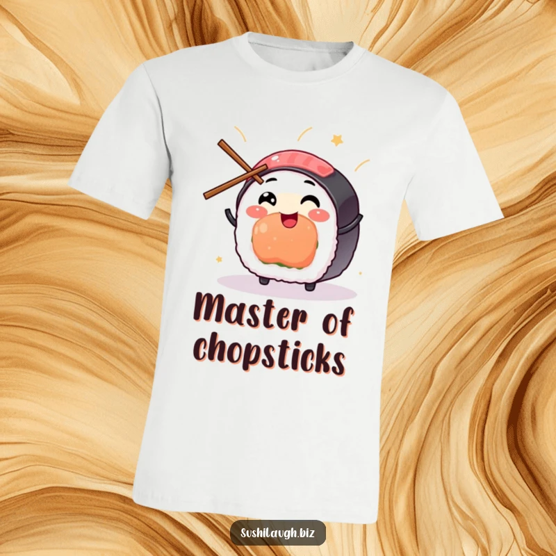Funny Sushi T-Shirt depicting a smiling sushi character skillfully juggling tiny chopsticks with infectious glee, a foodie's delight.