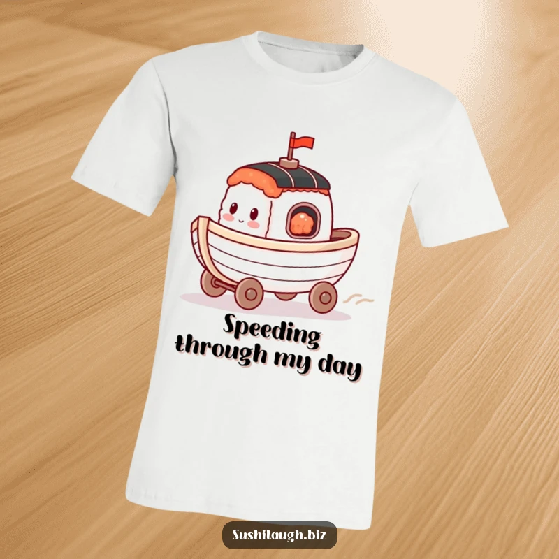 Funny Sushi Boat T-Shirt showcasing a happy boat with tiny wheels in a dynamic race, radiating speed and joyful energy.