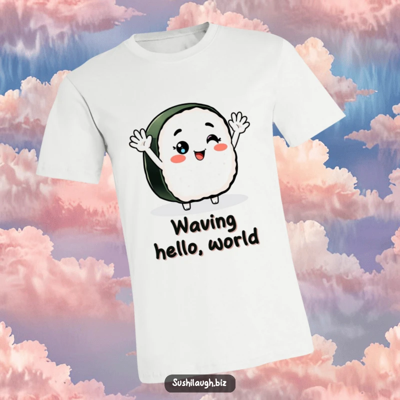 Funny Nigiri Sushi T-Shirt showcasing a smiling character with arms outstretched, waving enthusiastically, radiating pure joy and friendliness.