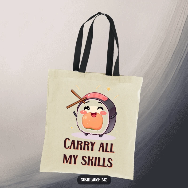 Funny Sushi Tote Bag showcasing a smiling sushi piece expertly juggling small chopsticks with glee, ideal for carrying joy.